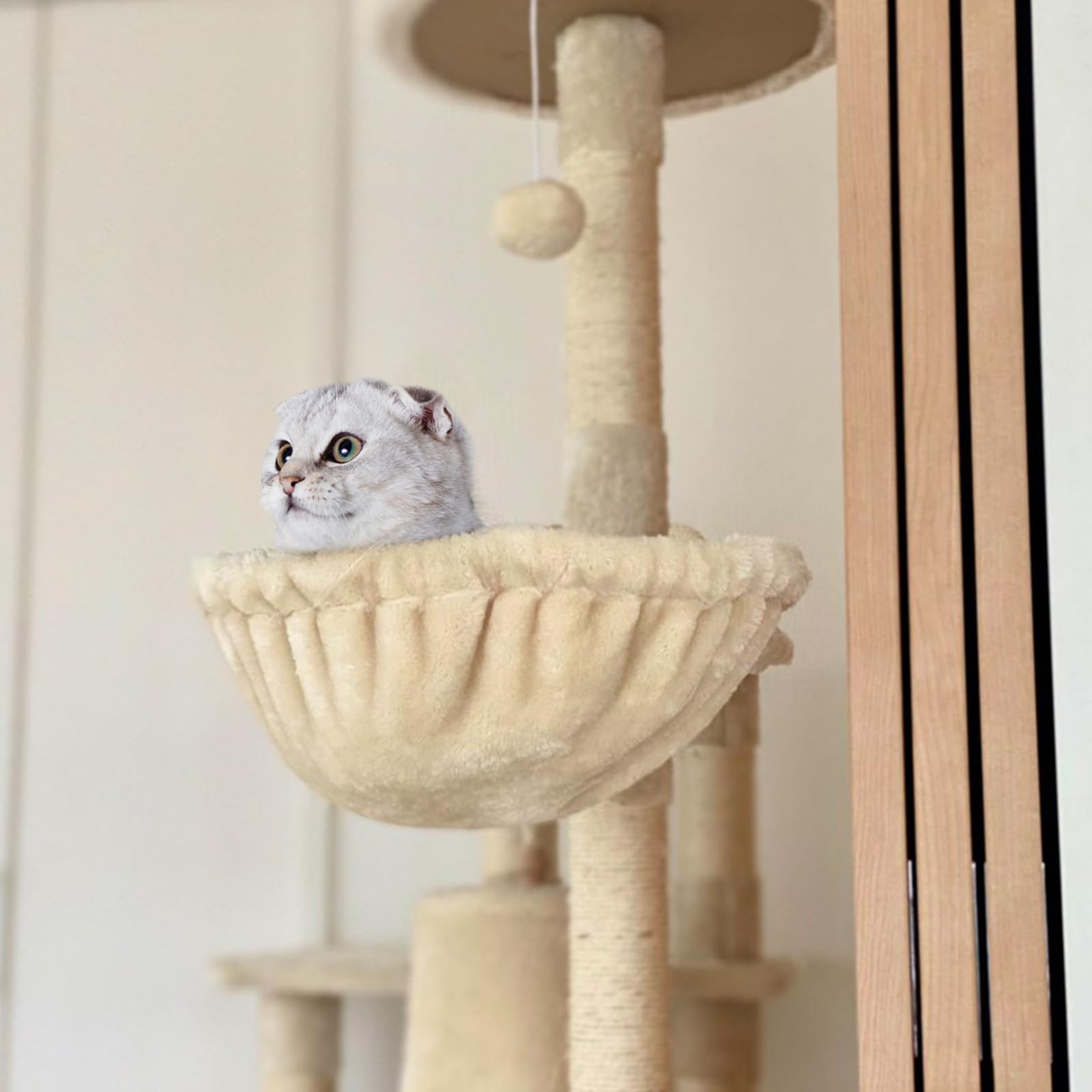 UXIETIN beige cat hammock dimensions highlight 16-inch length and 12.4-inch diameter.
