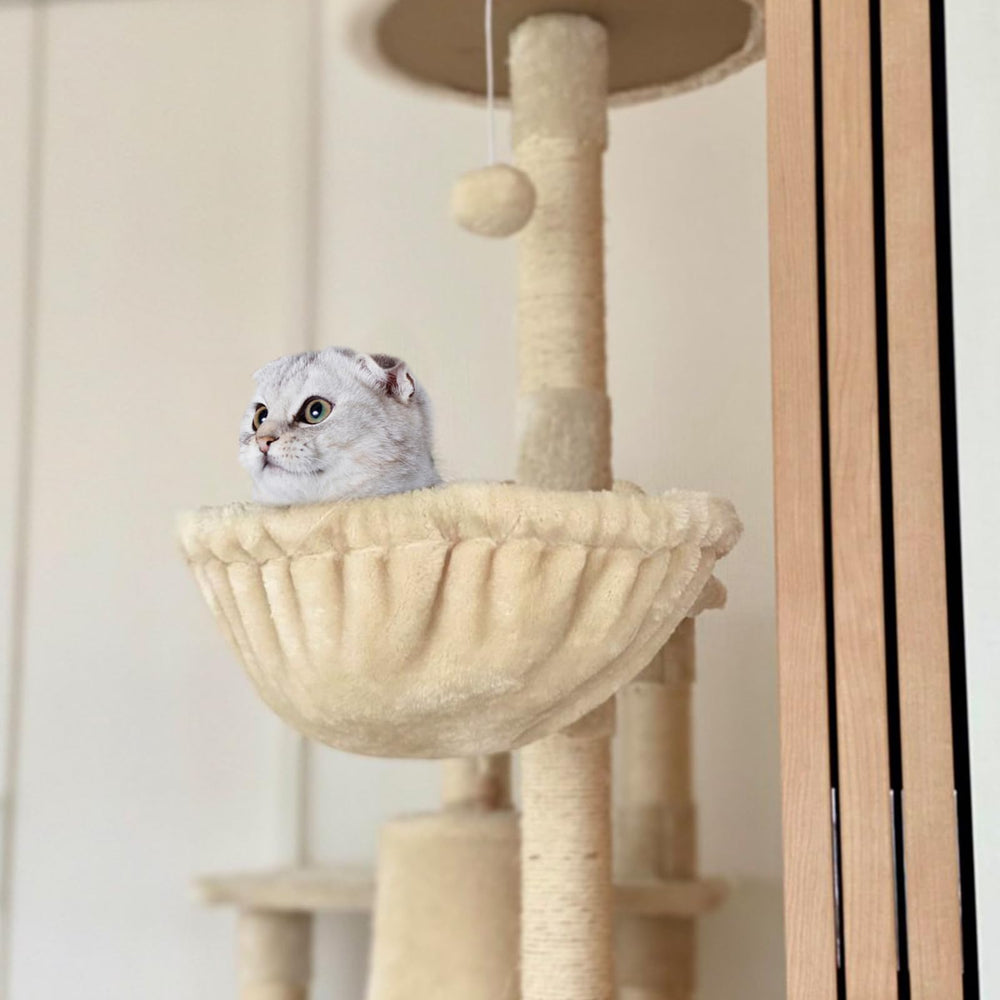 UXIETIN beige cat hammock dimensions highlight 16-inch length and 12.4-inch diameter.