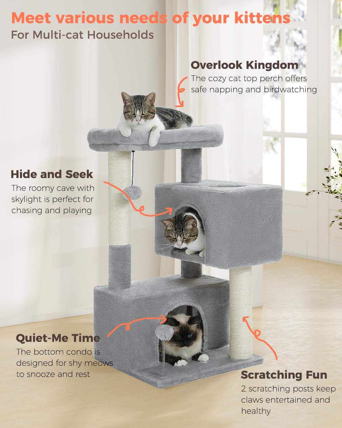UYMI 32-inch cat tree sisal posts promote natural scratching.