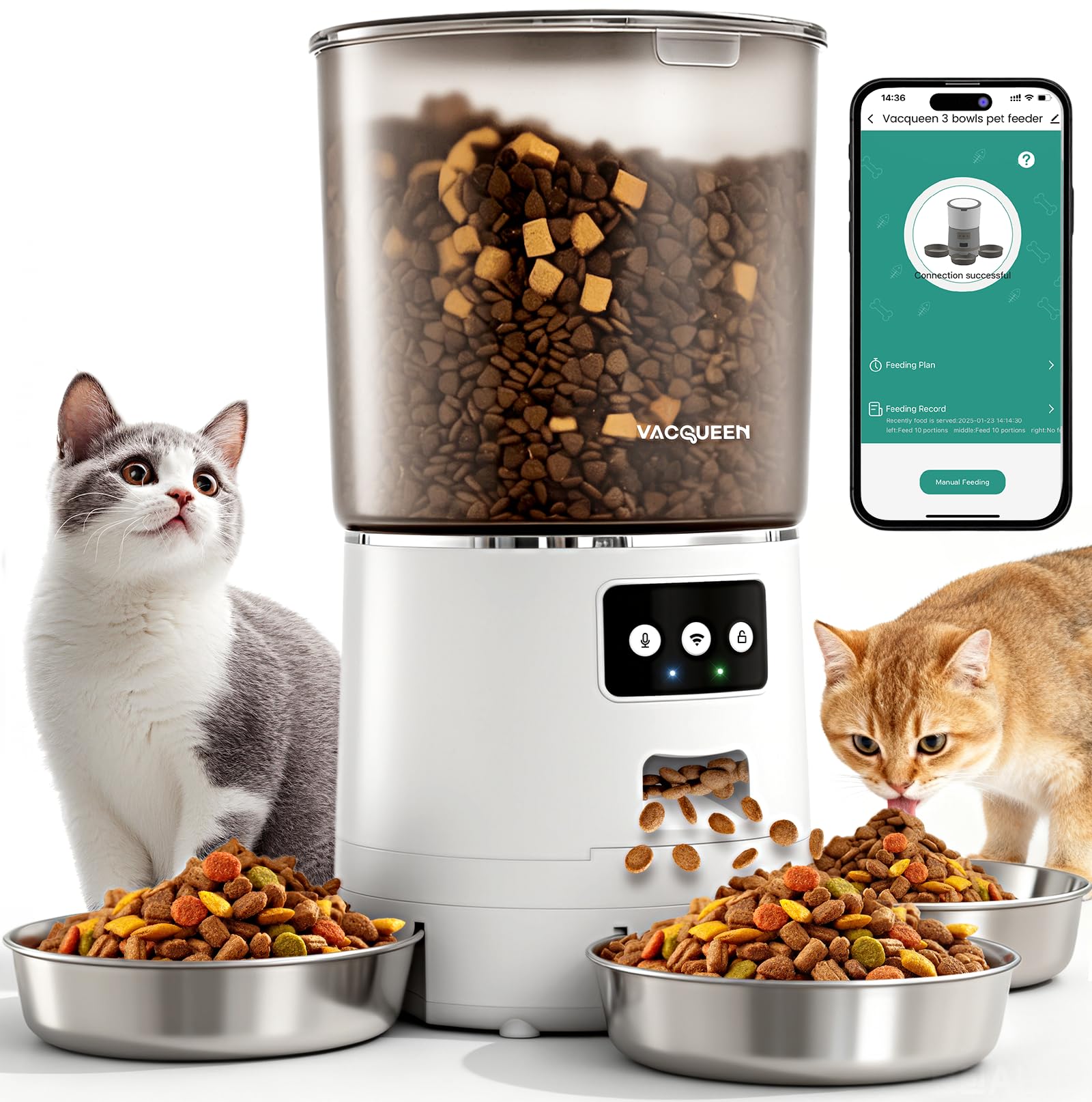 Vacqueen automatic cat feeder with 3 bowls supports flexible meals for multi-pet homes.