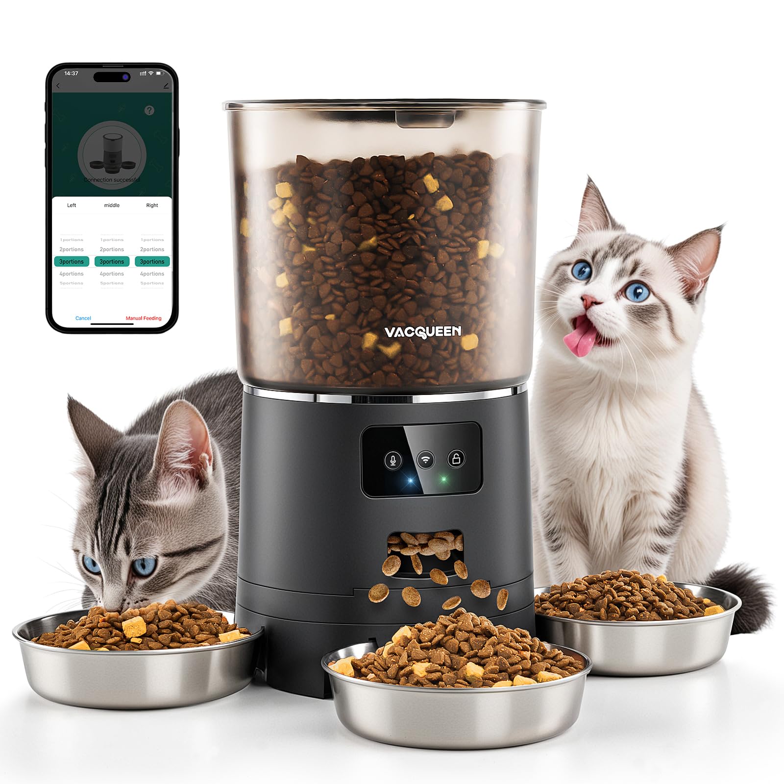 Vacqueen automatic cat feeder front view with easy-access control panel for precise portions.