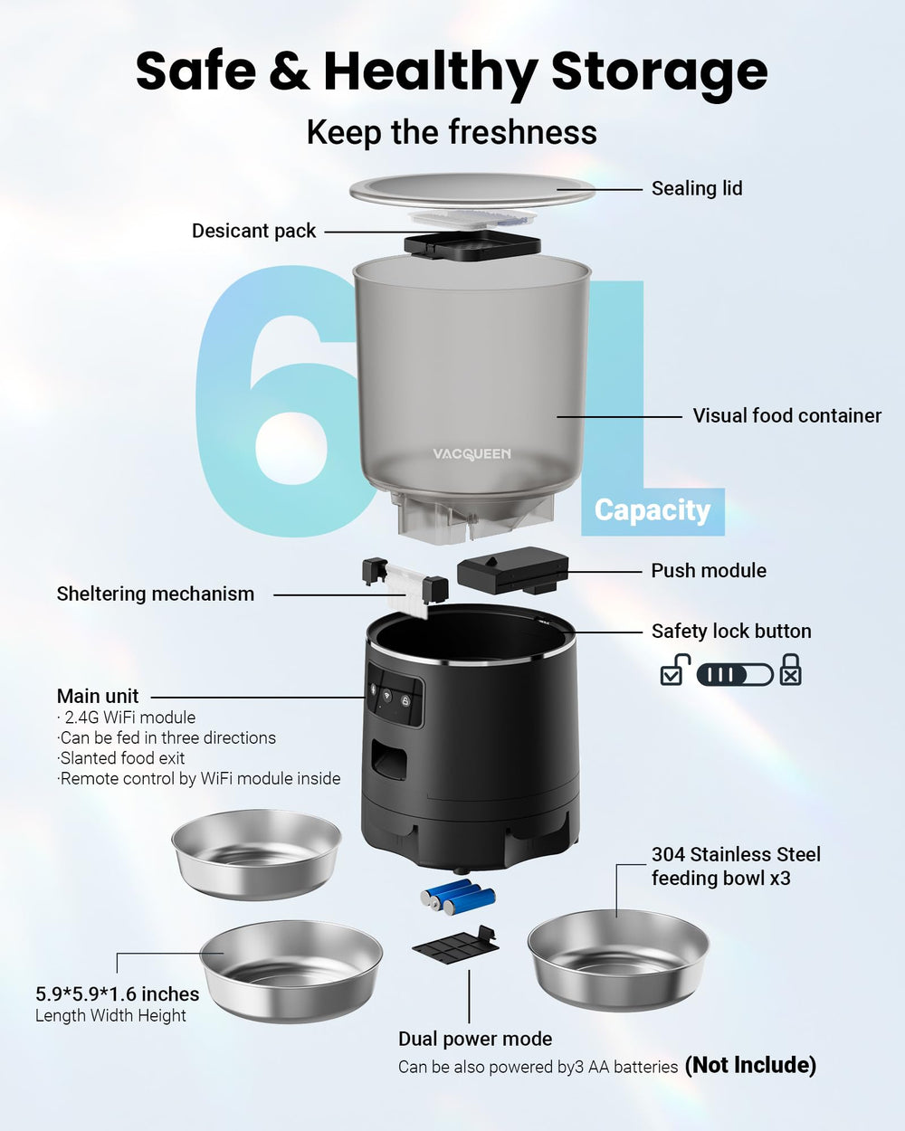 Vacqueen emergency battery backup keeps feeding going during power outages.
