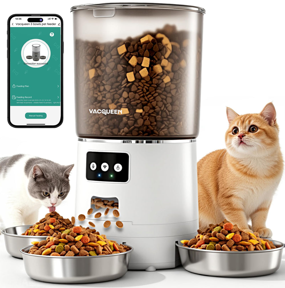 Vacqueen feeder front view with large 6L storage for multi-pet homes.