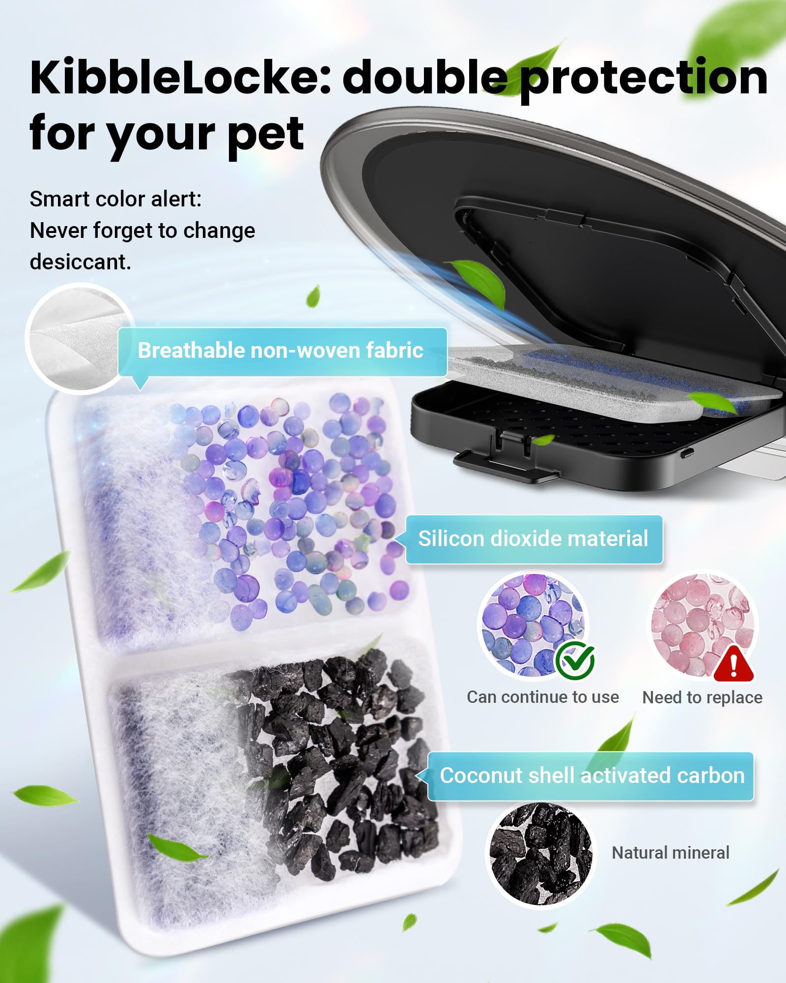 Vacqueen fresh-desiccant indicator showing kibble freshness inside the dispenser.