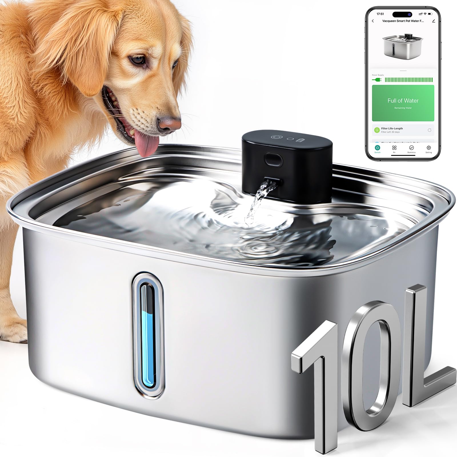 Vacqueen smart dog water bowl dispenser 10L capacity for multi-pet homes