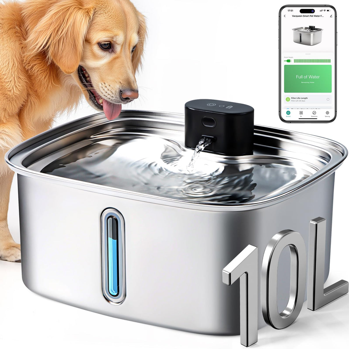 Vacqueen smart dog water bowl dispenser 10L capacity for multi-pet homes