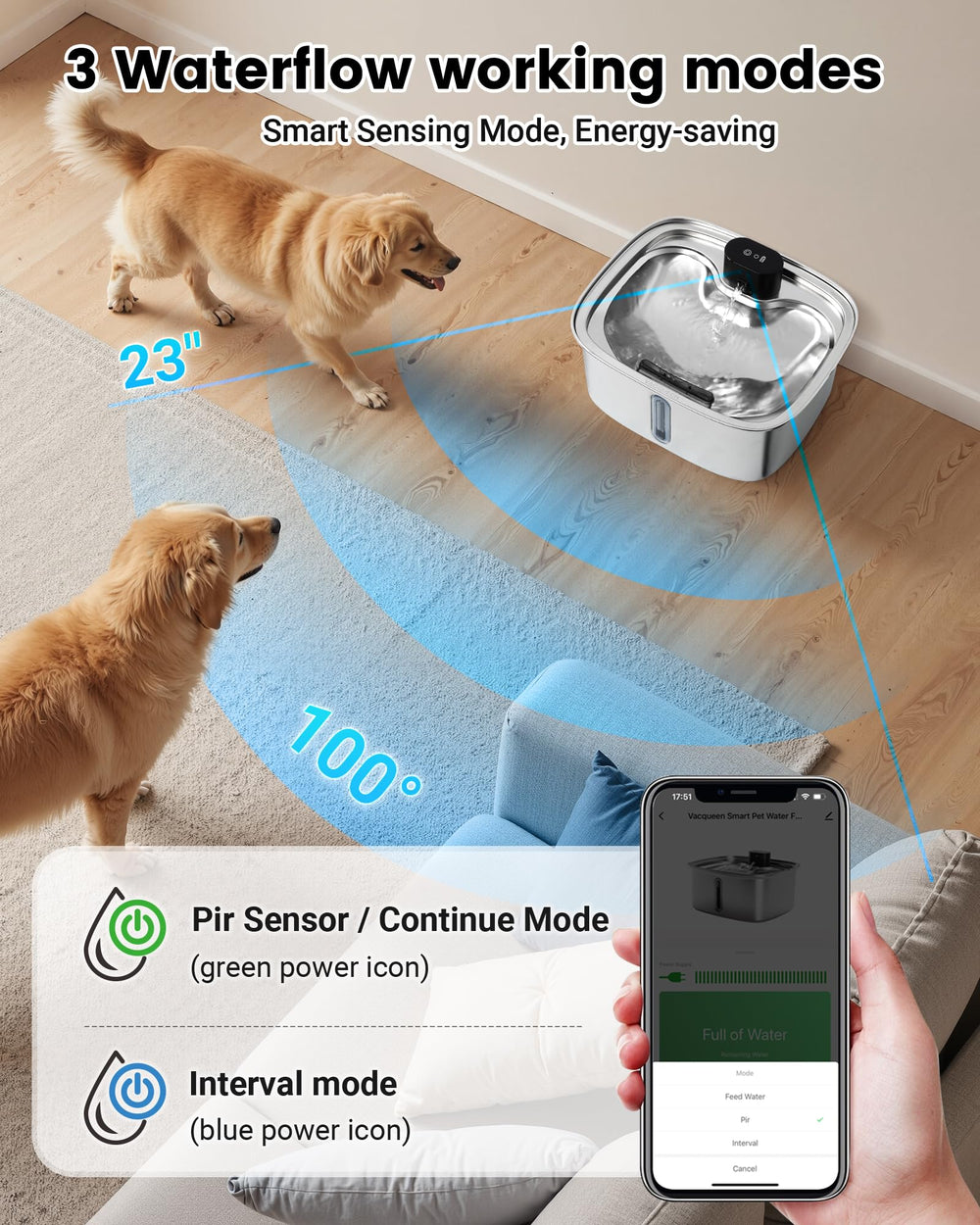 Vacqueen three-mode fountain for customized drinking patterns