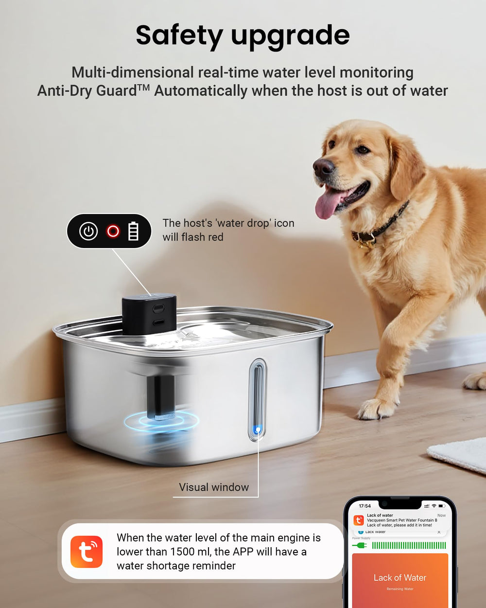 Vacqueen visible water level window helps you know when to refill.