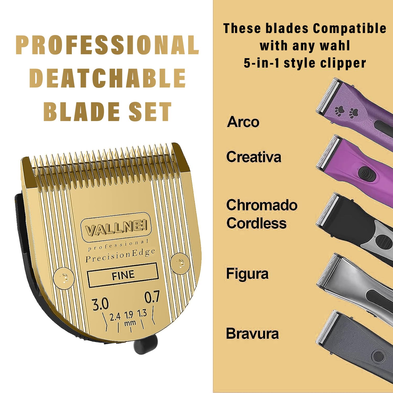 VALLNEI blade offers five sizes for different coat lengths and clipping tasks.