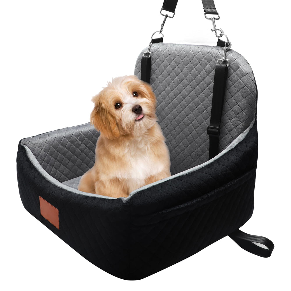 Vamtnner small dog car seat with memory foam base for joint relief on trips.