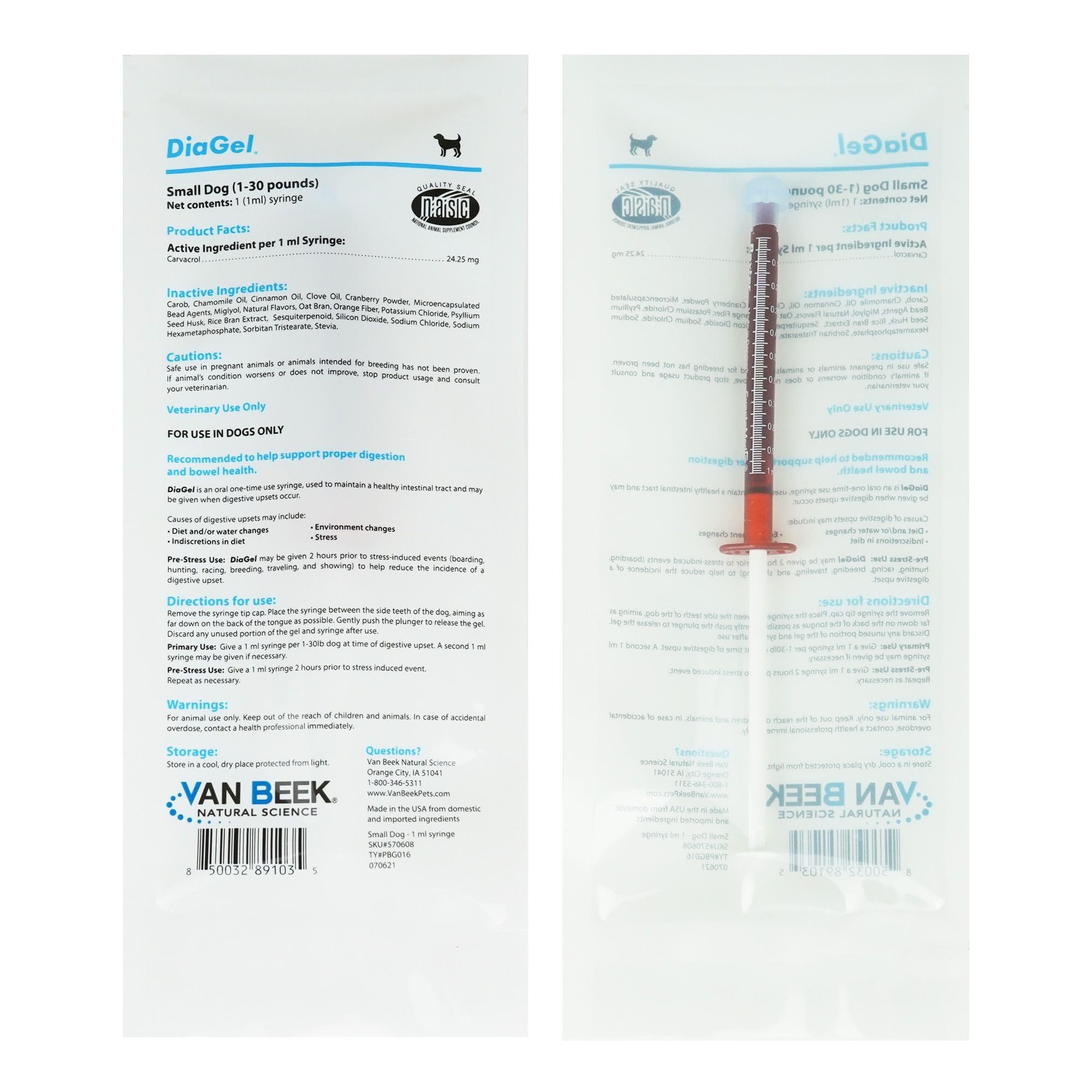 Van Beek Diagel for Dogs 1mL bottle helps manage diarrhea symptoms in dogs