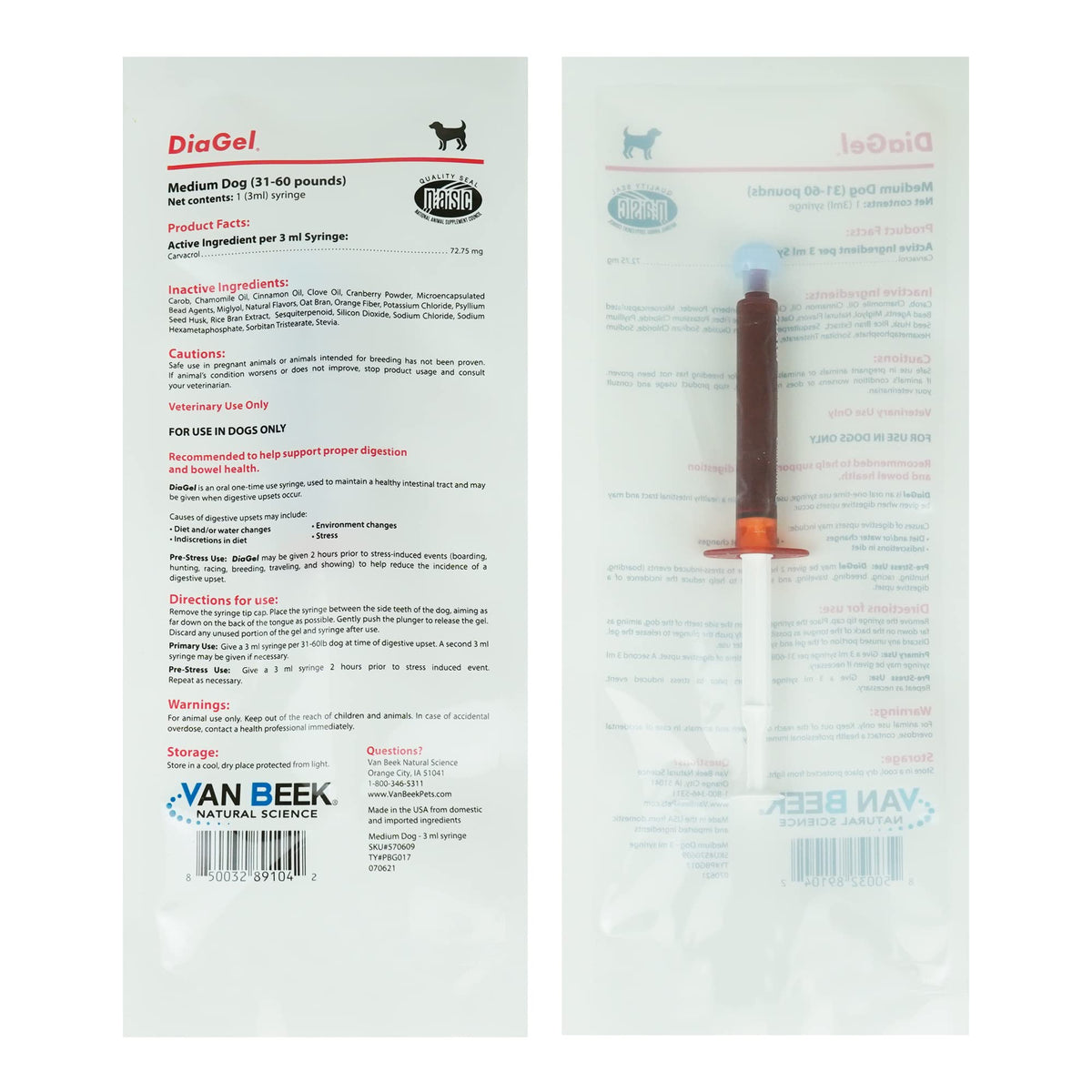 Van Beek Natural Science DiaGel for medium dogs bottle offers quick digestive support.