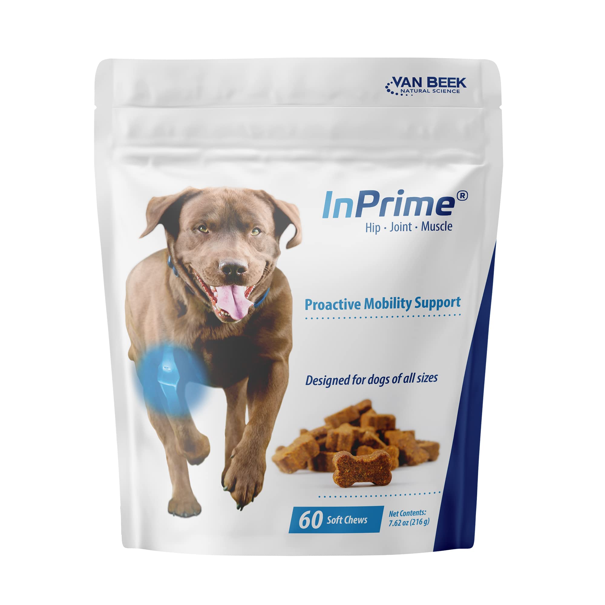 Van Beek Natural Science InPrime dog joint chews bottle for convenient mobility support.