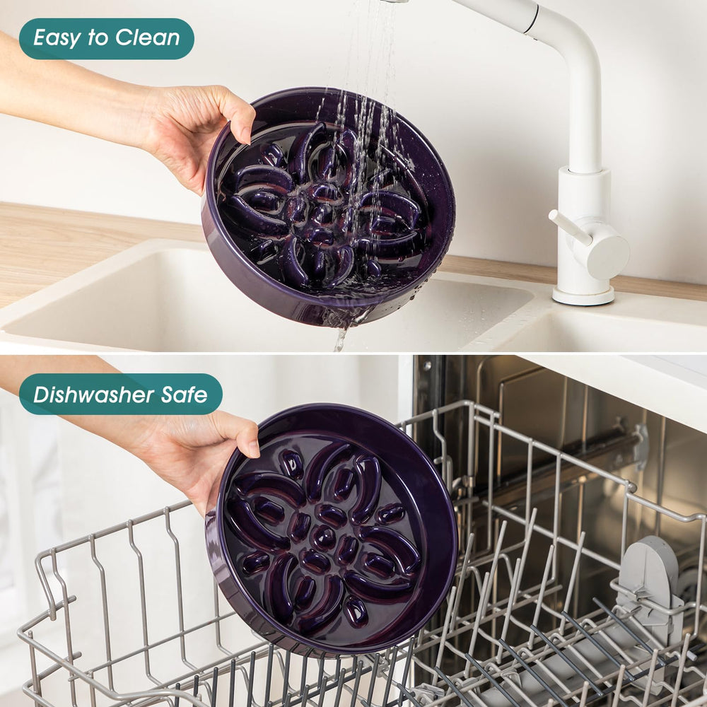 Vibrant purple ceramic slow feeder bowl adds color to mealtime