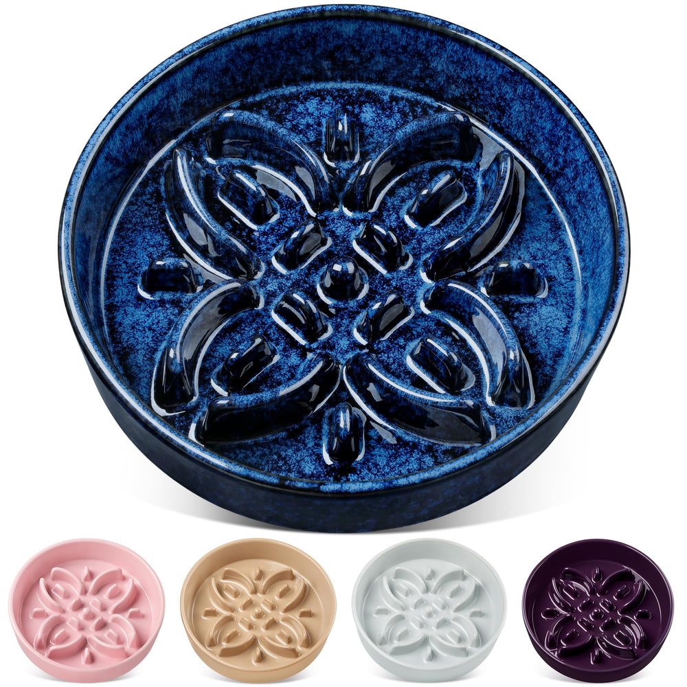 Vancasso ceramic slow feeder bowl with blue glaze and floral maze slows fast eaters.