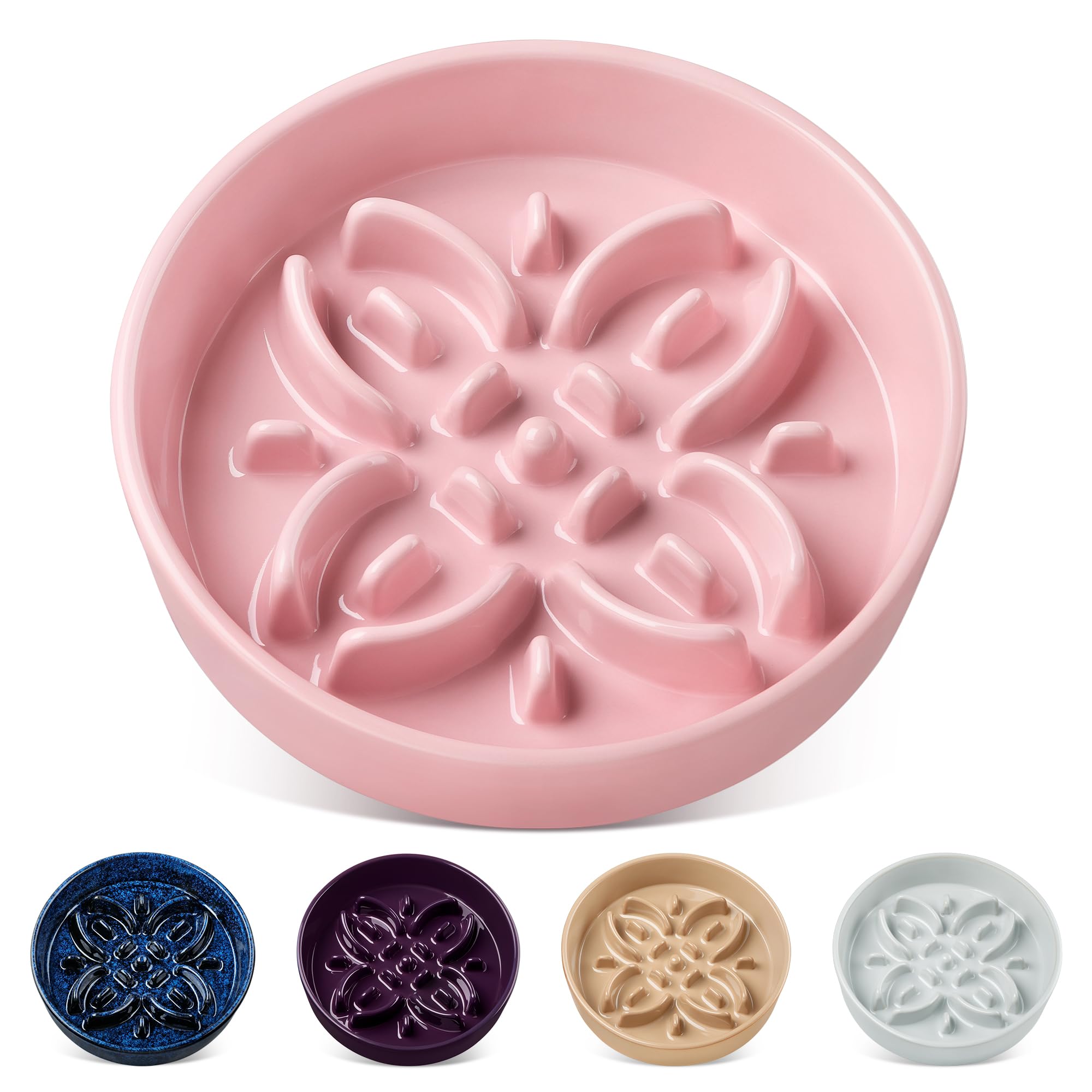 Vancasso ceramic slow feeder dog bowls with pink floral maze for slower meals.