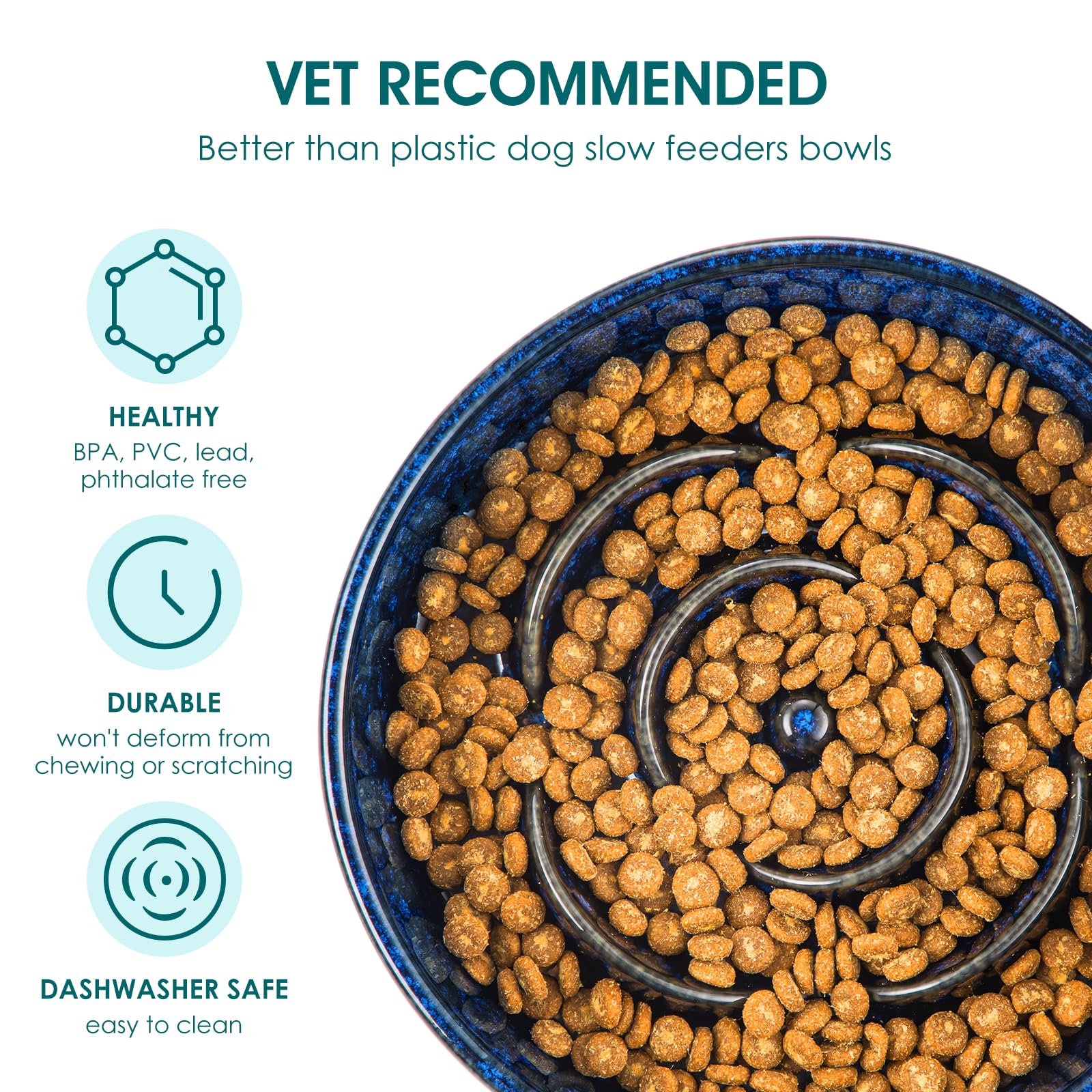 3-cup capacity shown with portions of dry food in the Vancasso ceramic bowl
