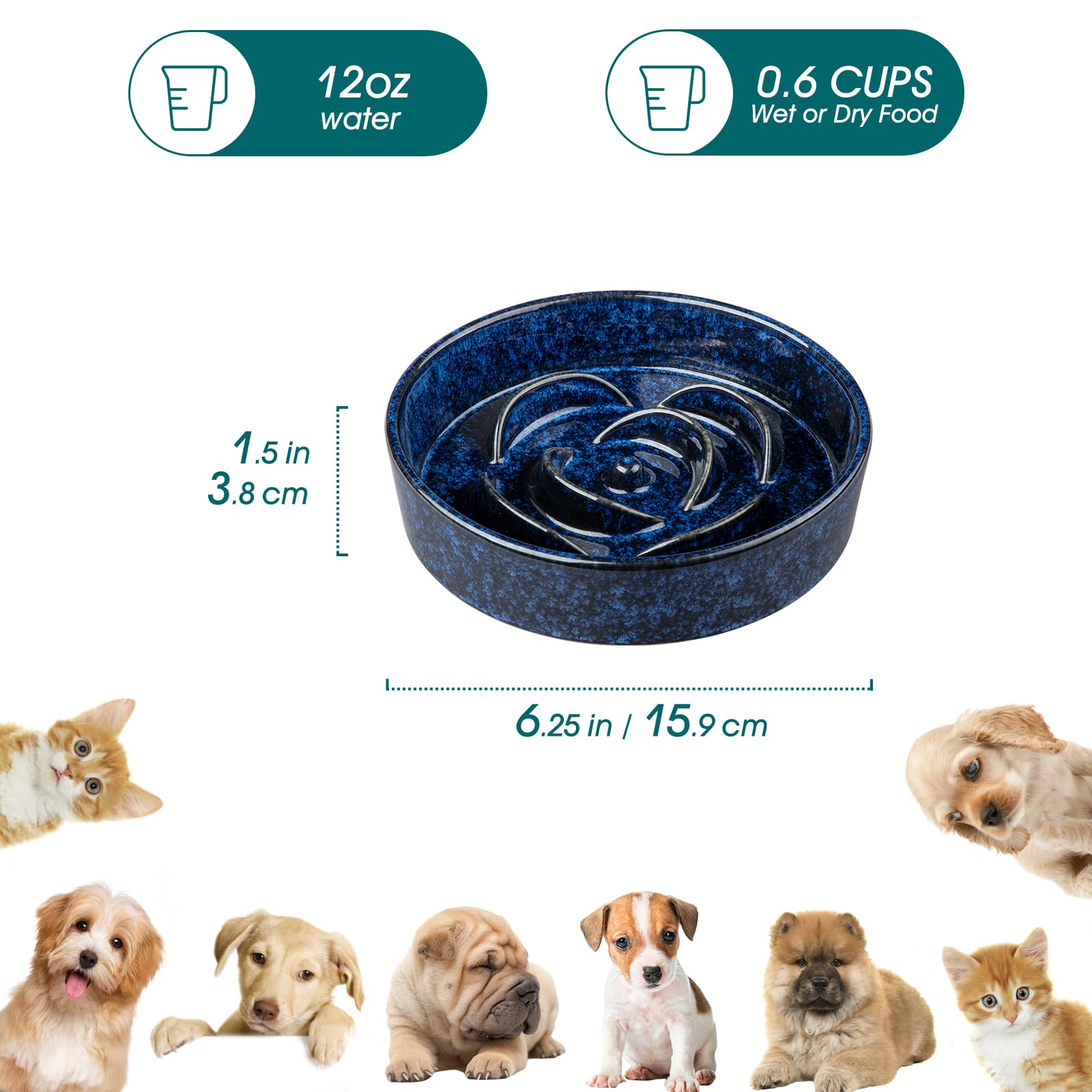 Vancasso blue bowl ridges close-up, maze design slows meals for small dogs.