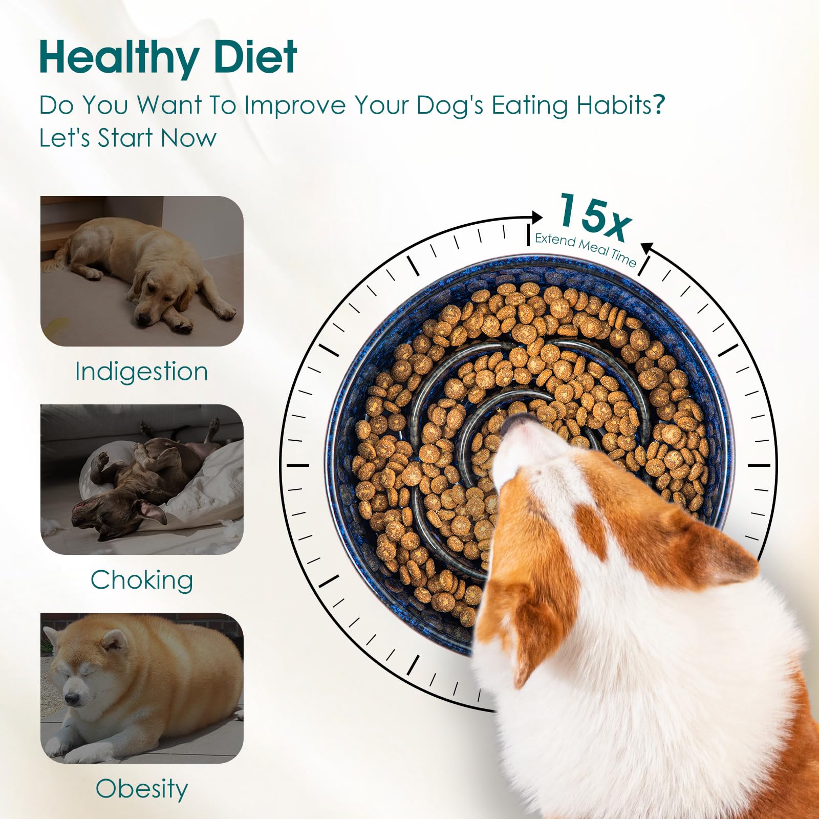 Vancasso slow-feeder dog bowl with maze pattern for slower meals.