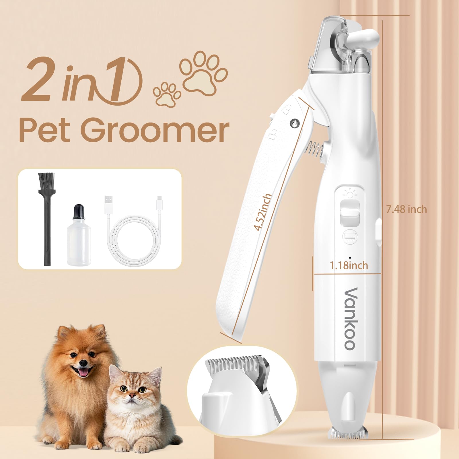 Vankoo grooming kit includes blade oil and brush for maintenance.
