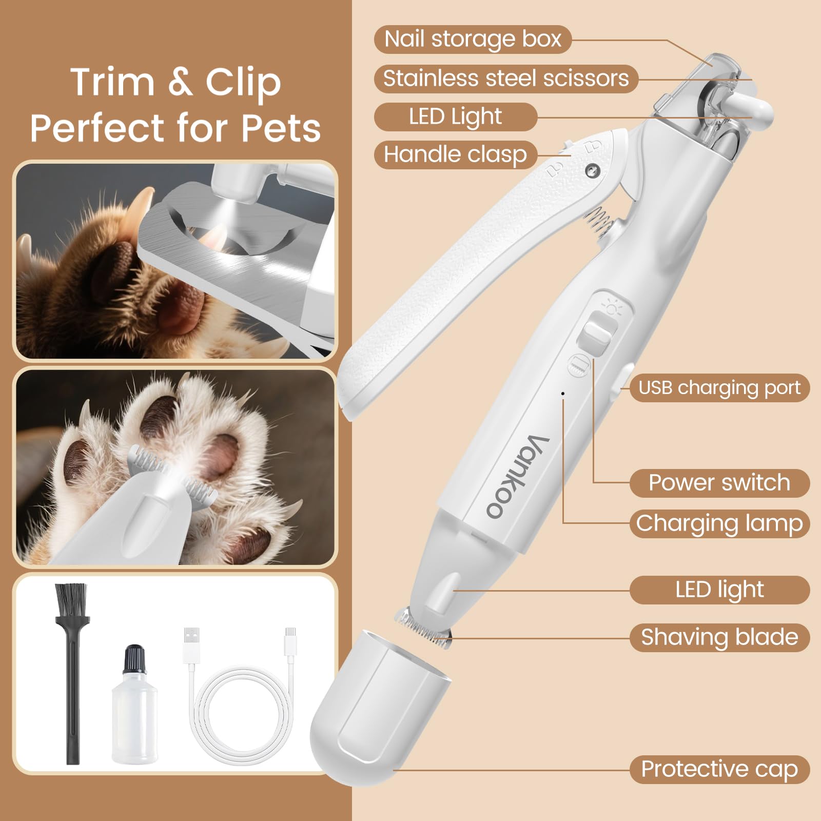 Vankoo ceramic fur trimmer on paws for gentle hair removal.