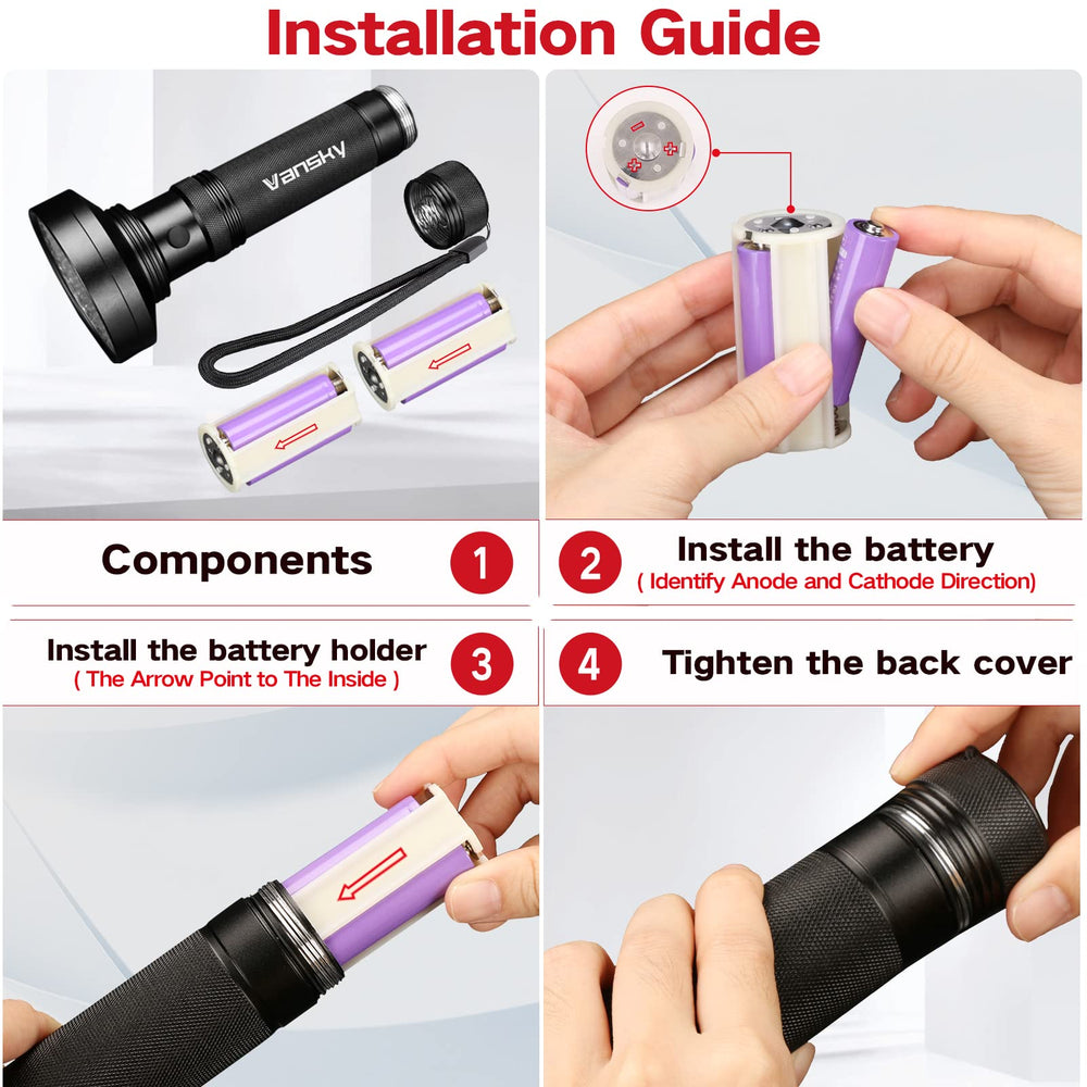 Vansky UV flashlight battery-compartment view shows 6xAA requirement