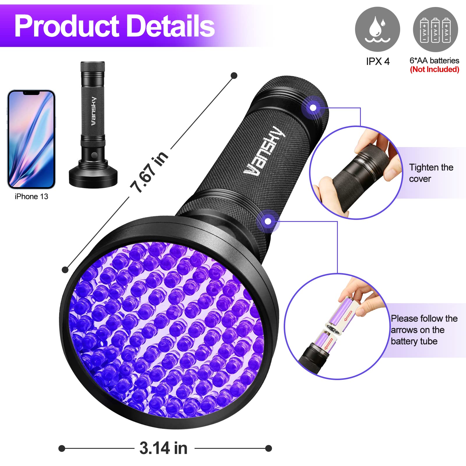 Vansky UV flashlight textured body resists slips and damage