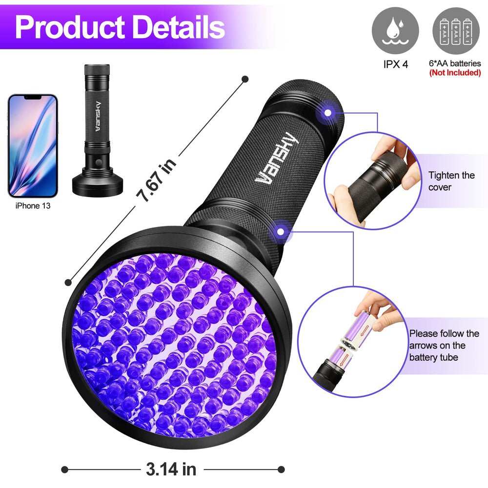 Vansky UV flashlight textured body resists slips and damage