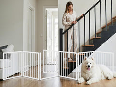 Vantas accordion-folding fence folds neatly for closet storage.
