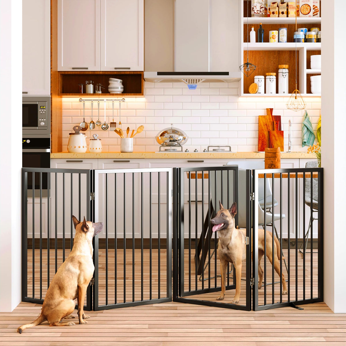 Vantas folding no-assembly metal pet gate in hallway for easy storage