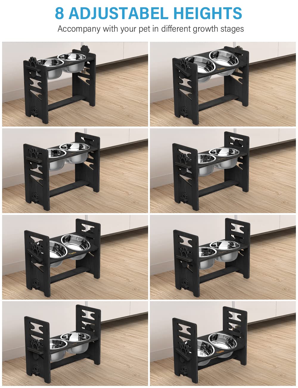 Vantic adjustable-height dog bowl highlights eight levels to fit your dog's size.