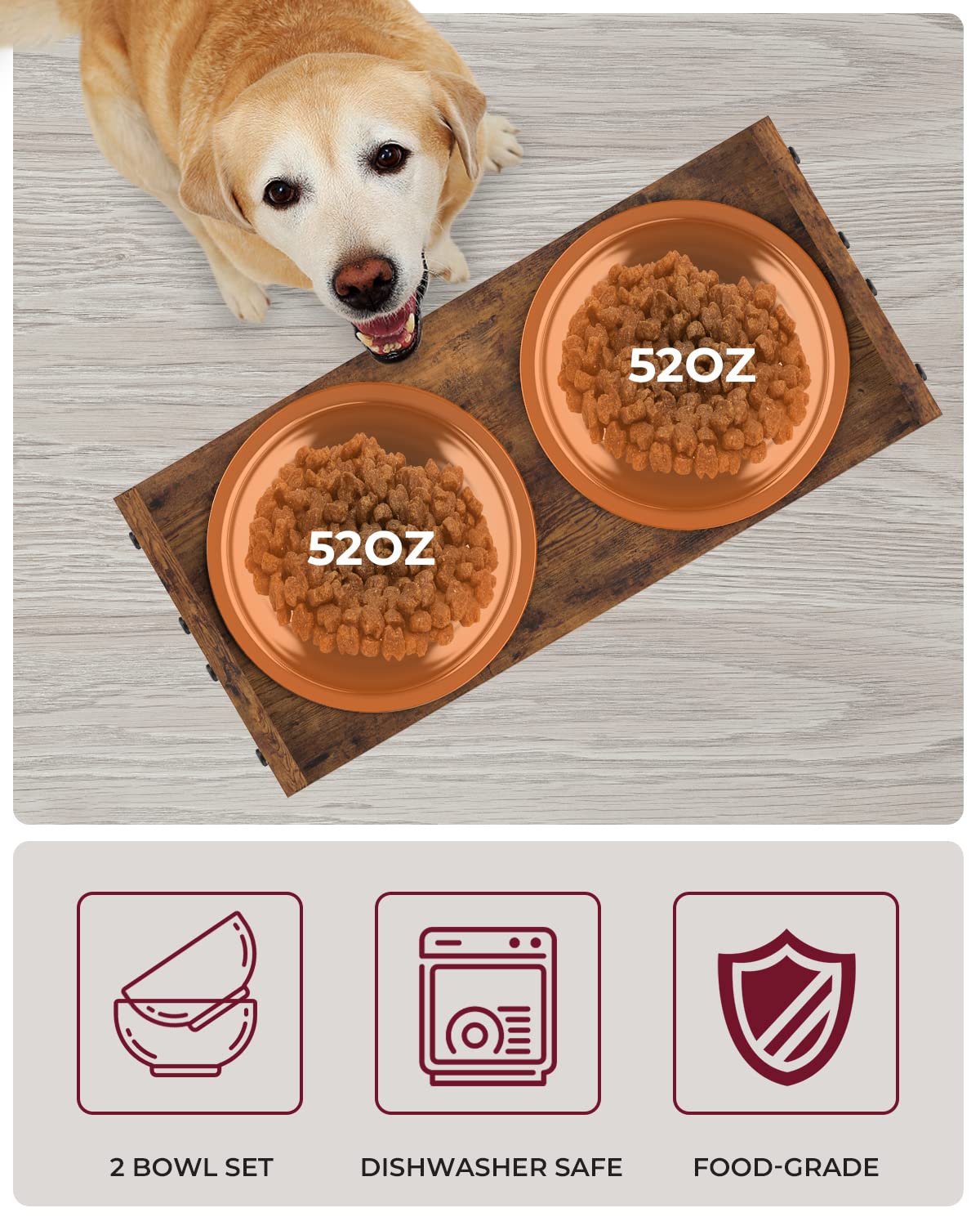 Vantic bamboo stand with rust-resistant stainless steel bowls for easy cleaning