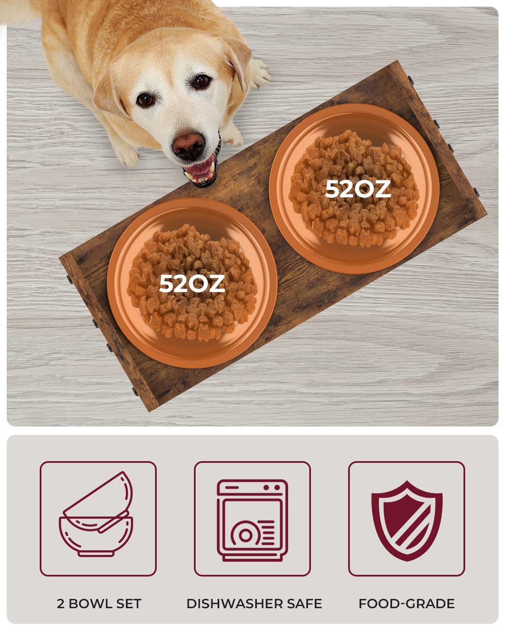 Vantic bamboo stand with rust-resistant stainless steel bowls for easy cleaning