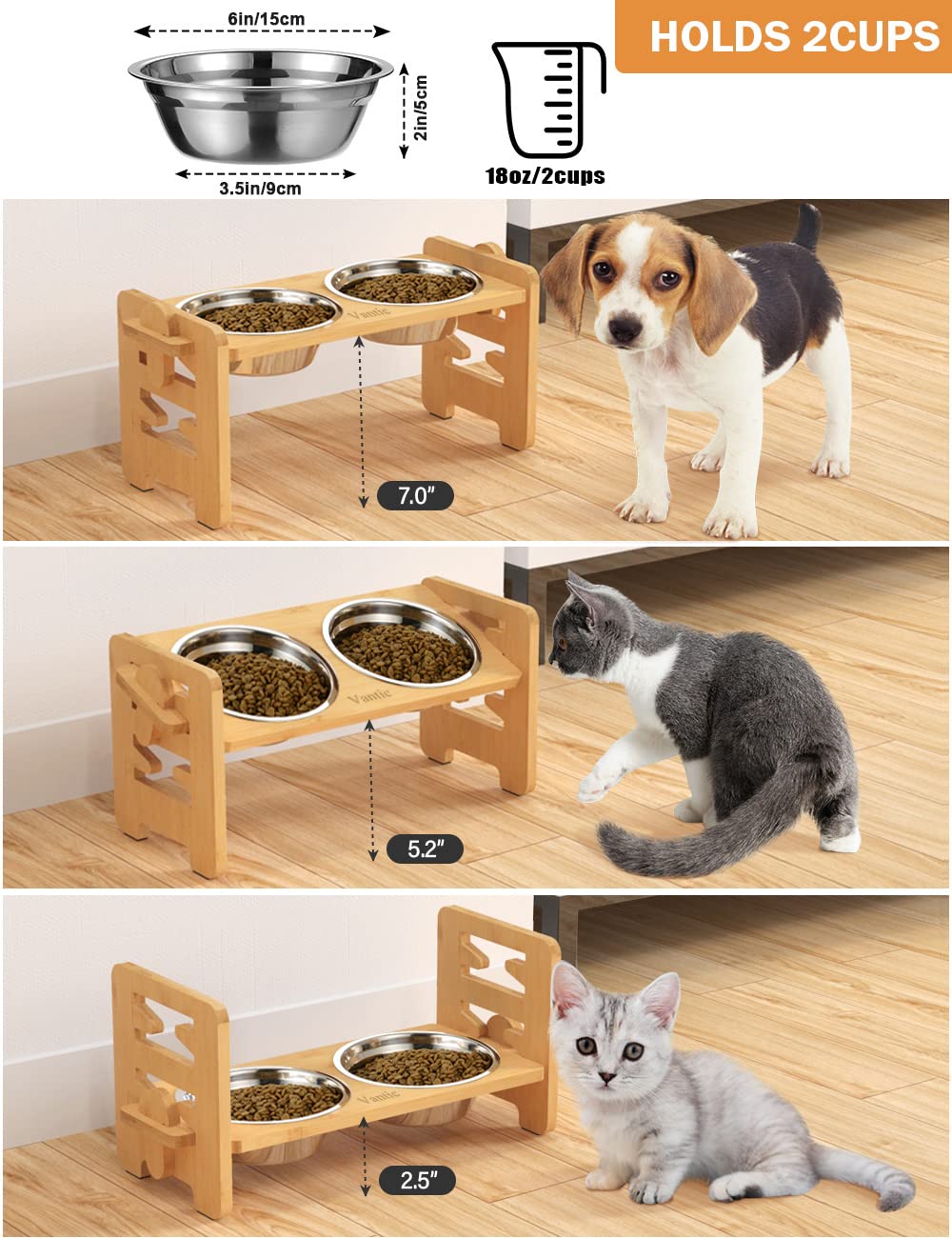 Vantic elevated bowls with stainless steel dishes ideal for clean, durable meals