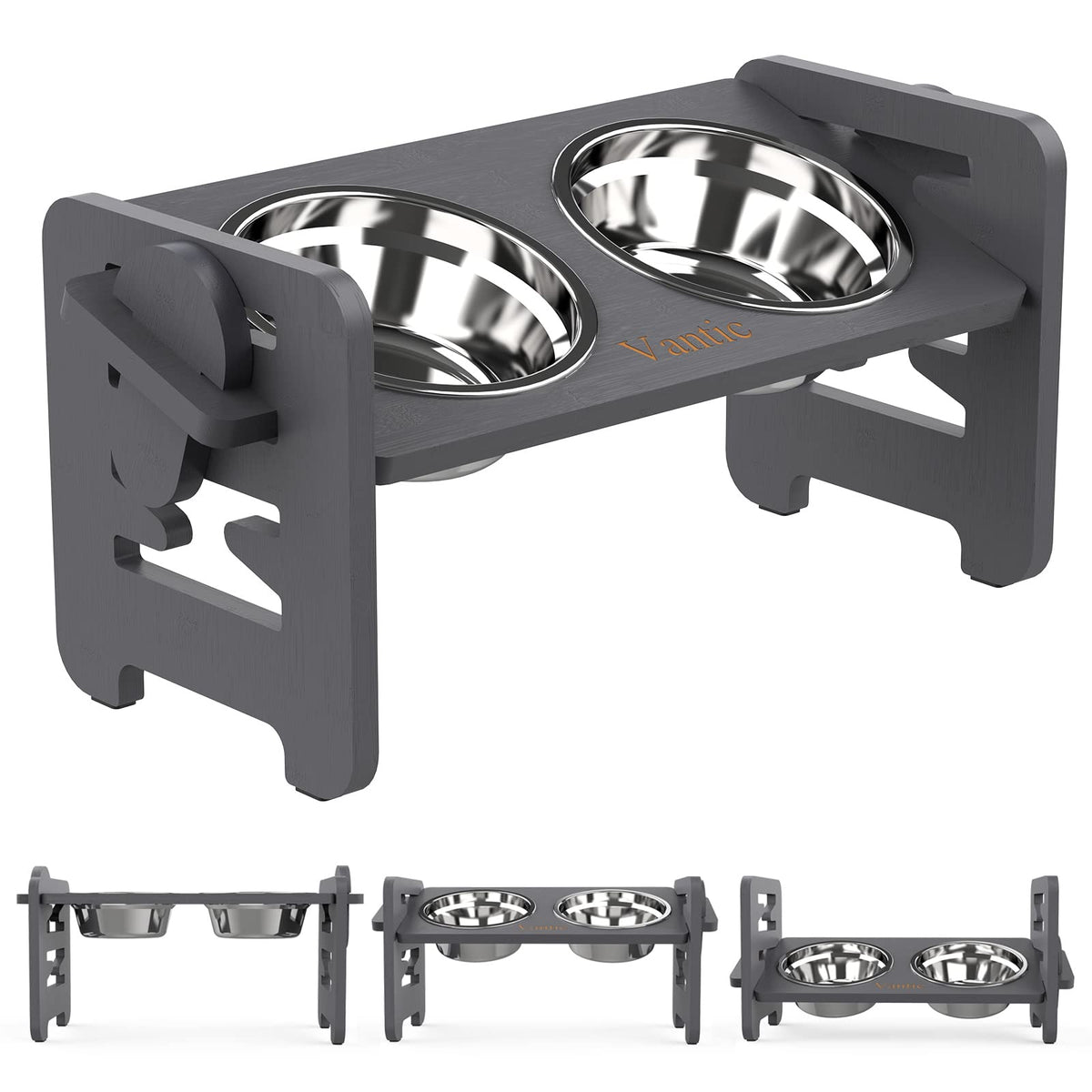 Vantic elevated bowls stand with six-height adjustability for growing pets.