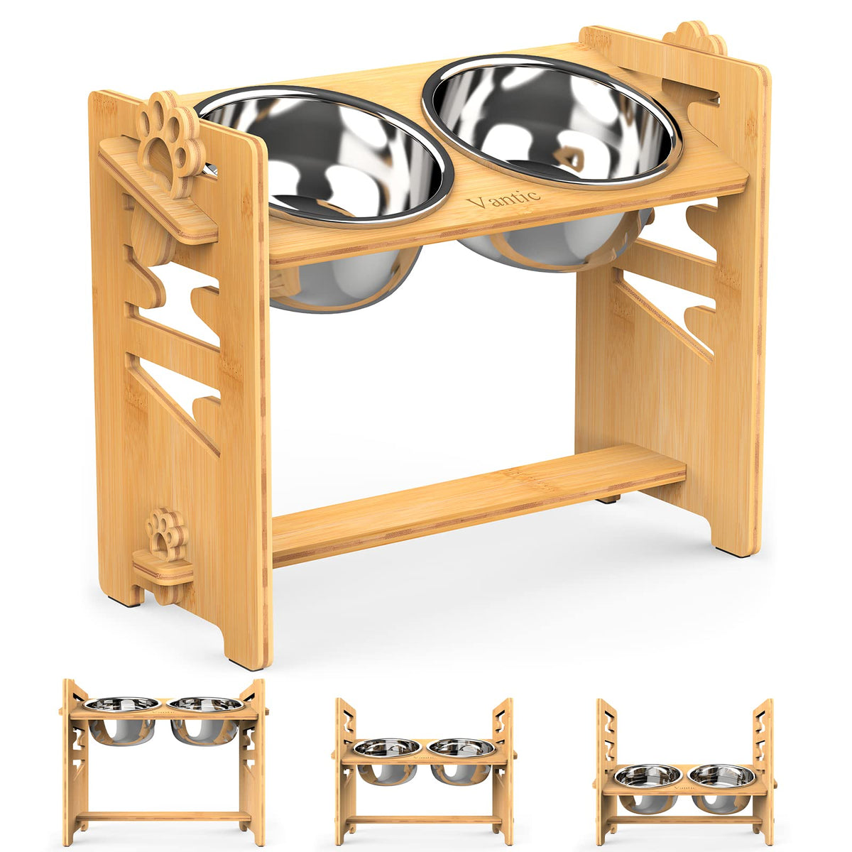 Vantic elevated dog bowls stand in bamboo; adjustable height for comfortable feeding.