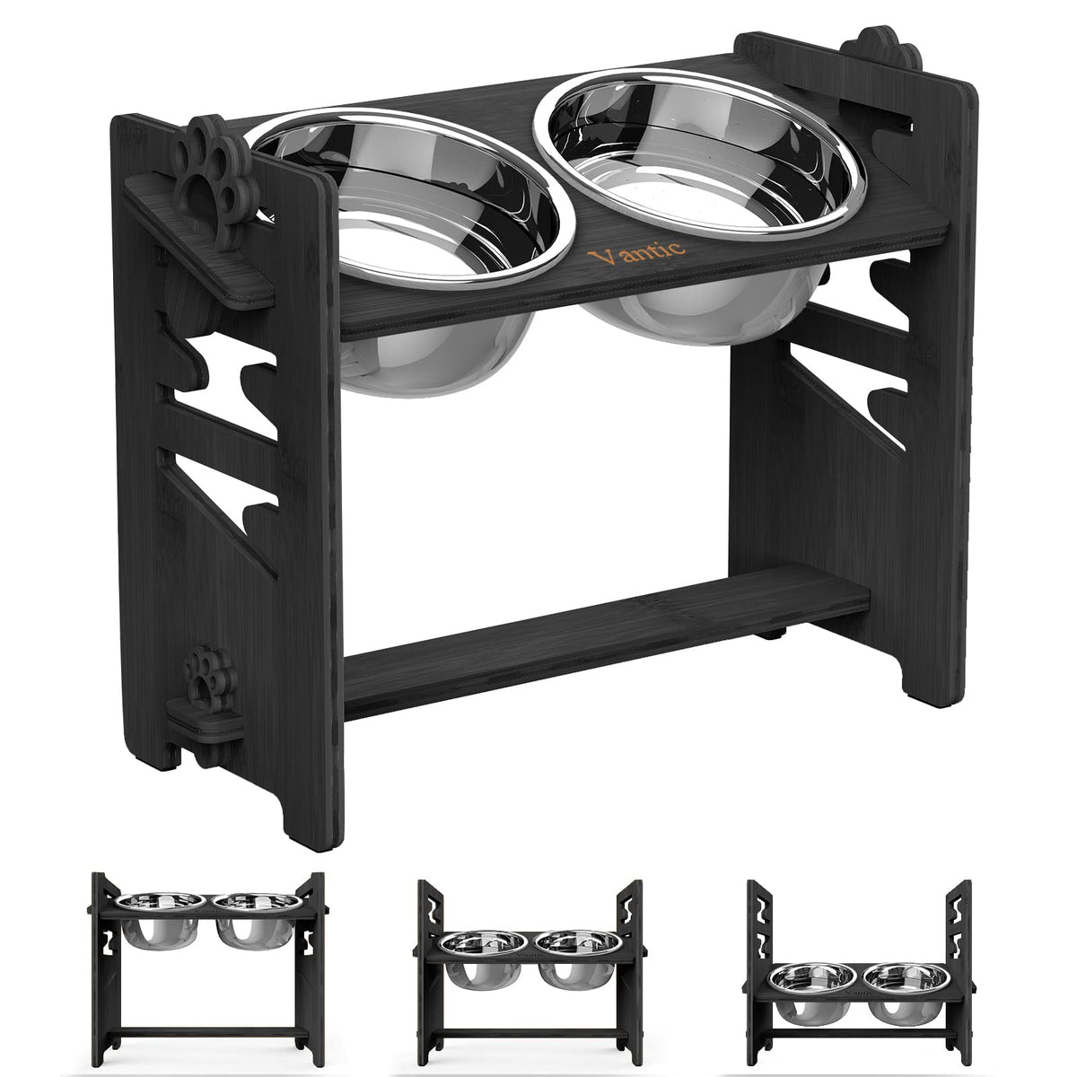 Vantic elevated dog bowls stand with two stainless steel bowls for large dogs.