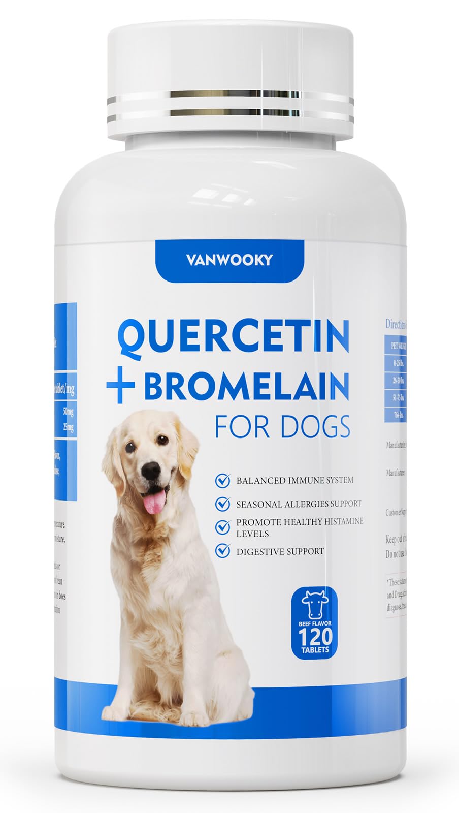 VanWooky Quercetin + Bromelain dog bottle front with beef-flavored chews for daily support