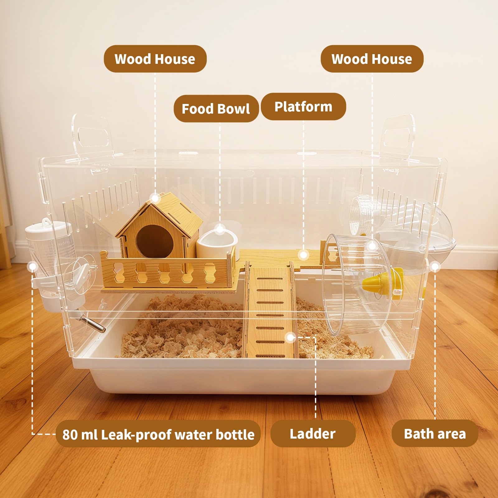Varrisin two-tier cage design expands hamster activity and exploration.