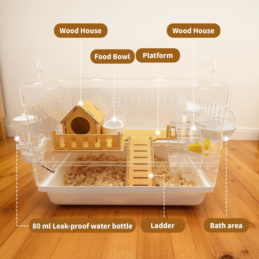 Varrisin two-tier cage design expands hamster activity and exploration.