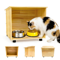 varrisin outdoor cat house feeder front view, weather-protected shelter for meals