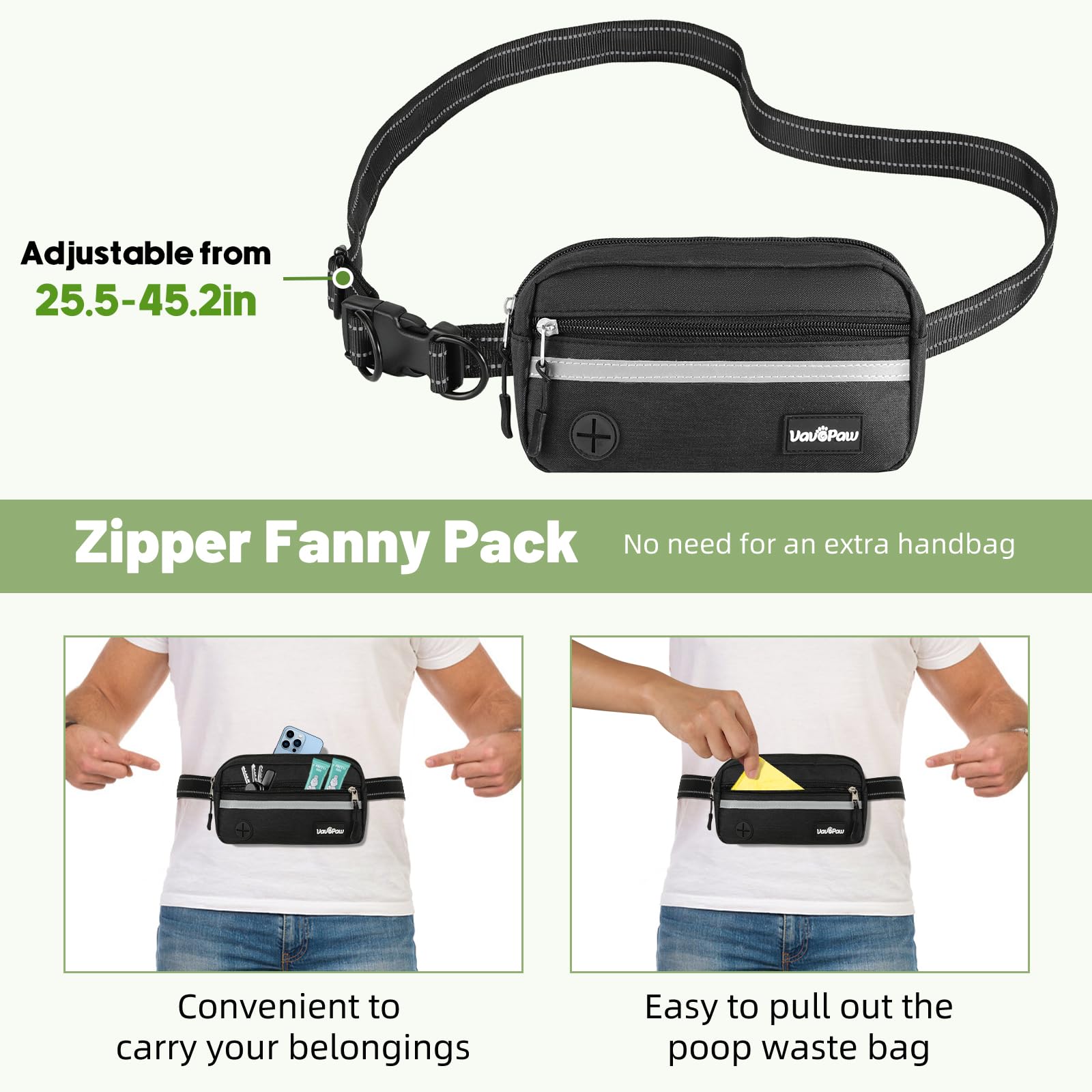 VavoPaw adjustable belt fits waists from 25.5 to 45.2 inches.