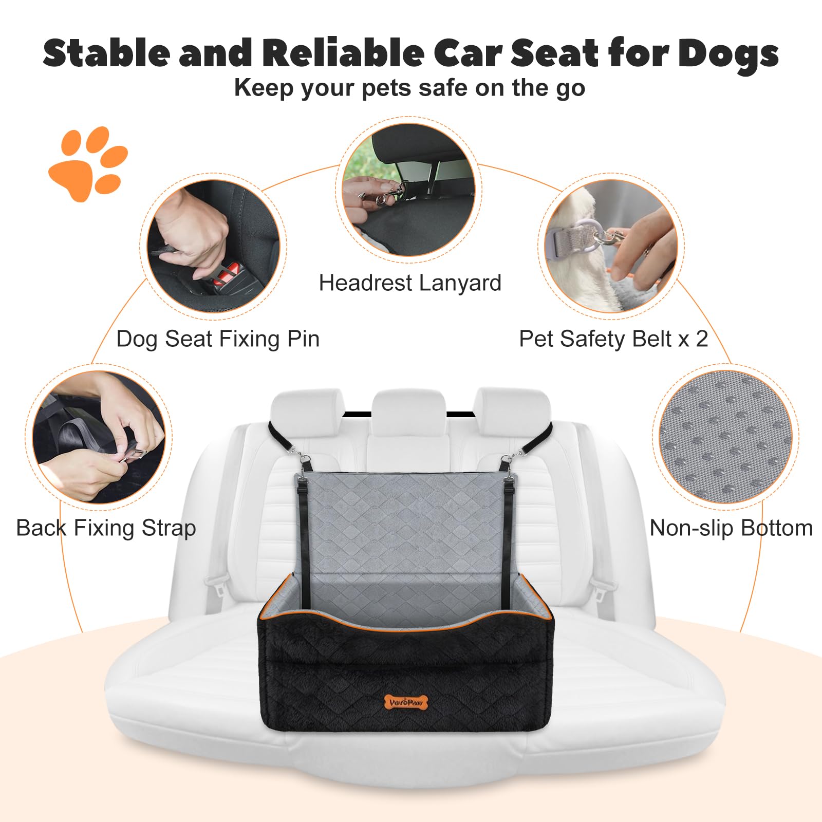 VavoPaw car seat with multiple fixing straps for secure installation.