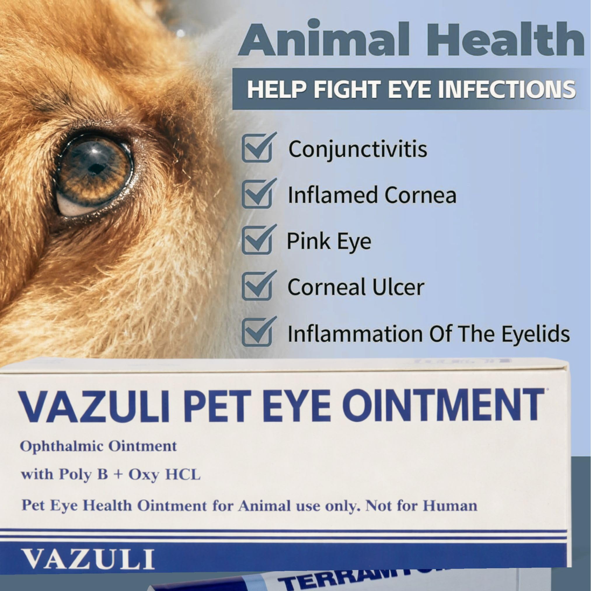 VAZULI Pet Eye Cream label closeup showing usage-friendly packaging.