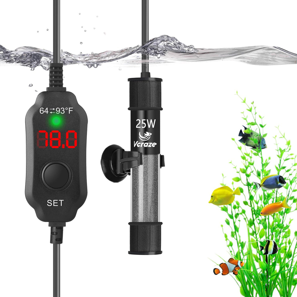 VCRAZE 25W compact heater side view showing unobtrusive warmth for small tanks