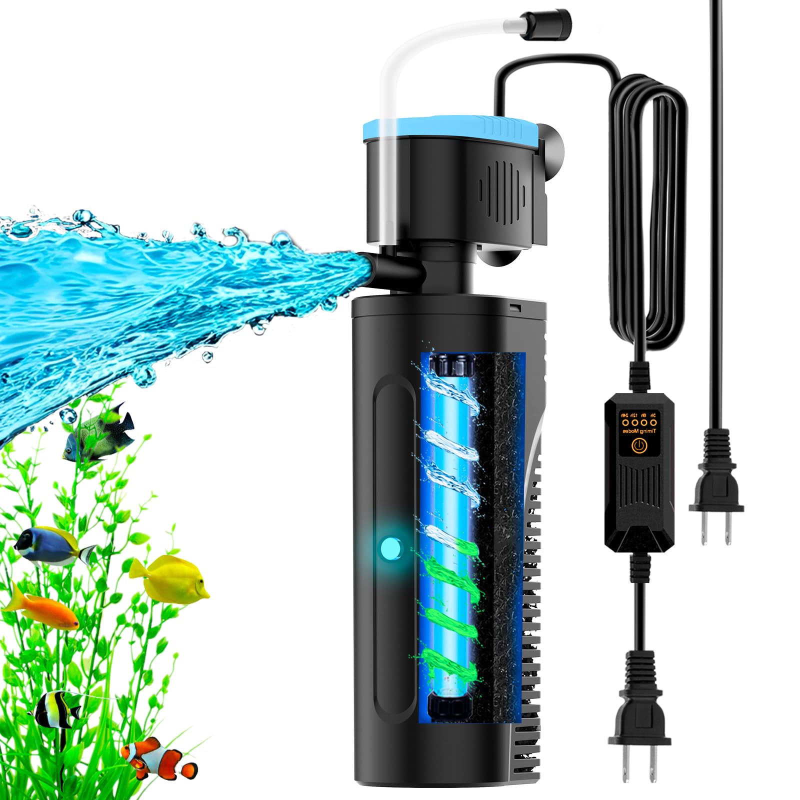 VCRAZE aquarium filter front view demonstrates compact size boosting water flow in 20-70 gallon tanks.