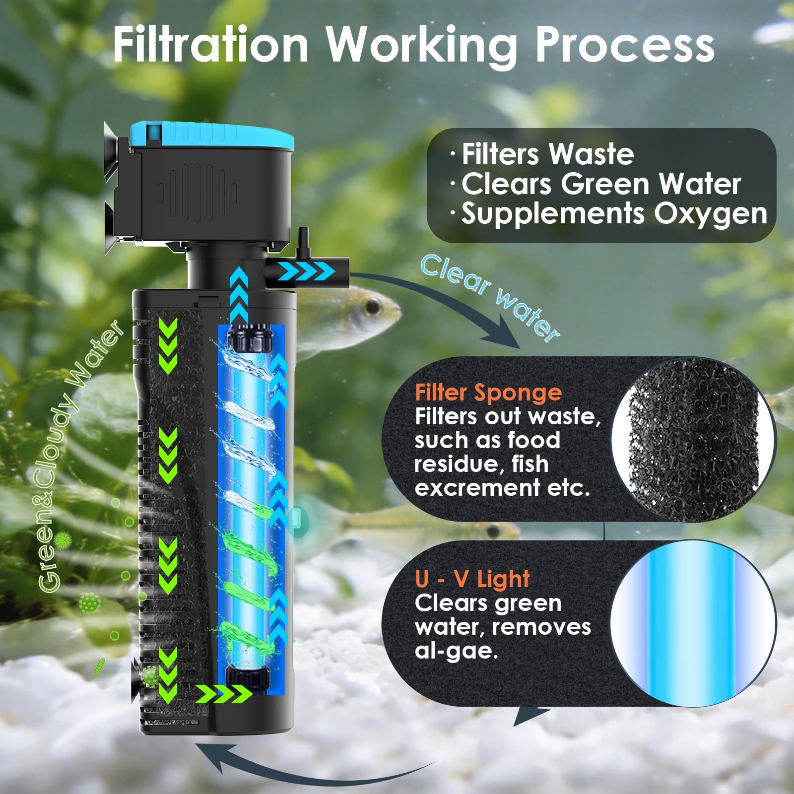 VCRAZE U-V light with timer activates clarity and energy-efficient operation.