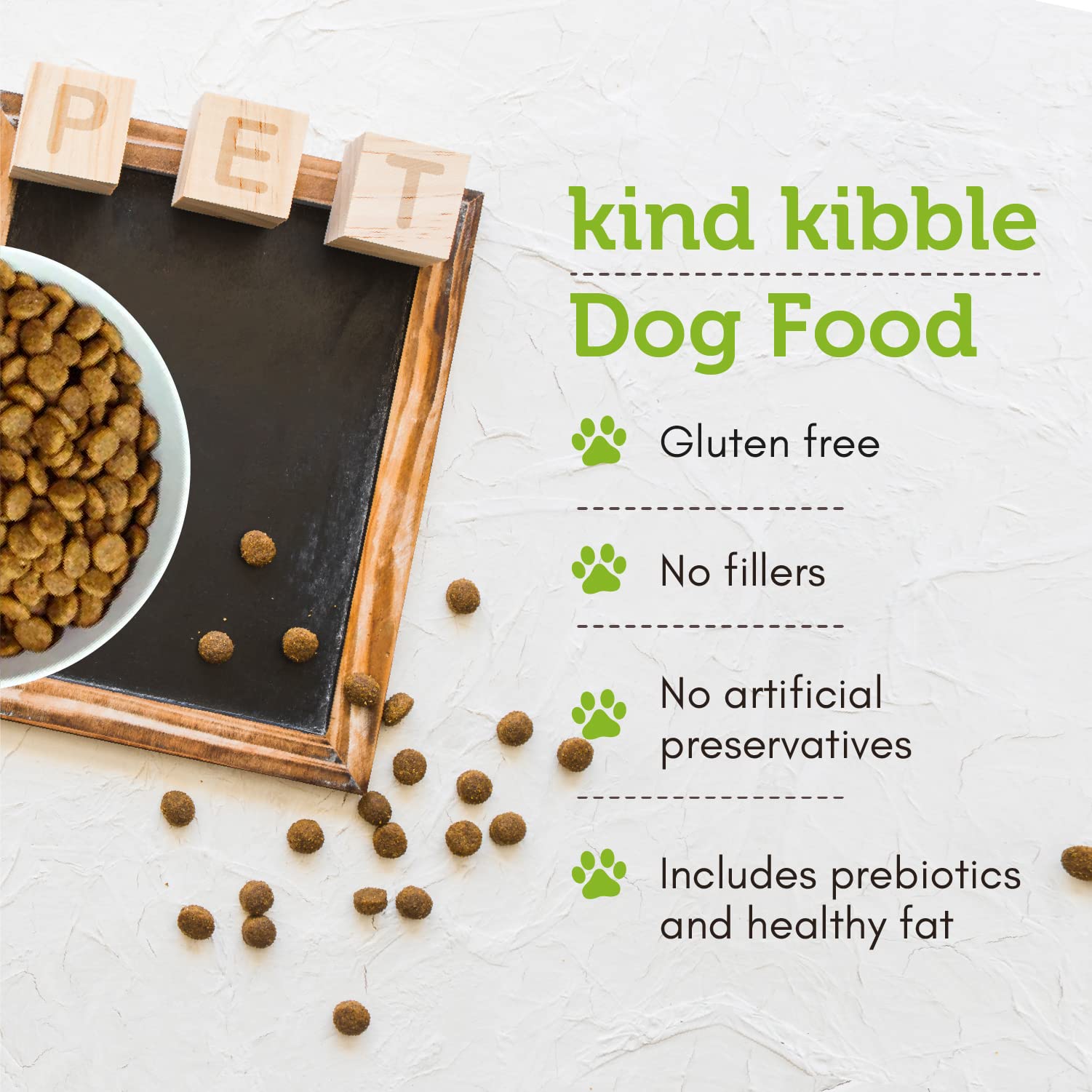 V-dog Kind Kibble ingredients close-up featuring peas, lentils, quinoa.