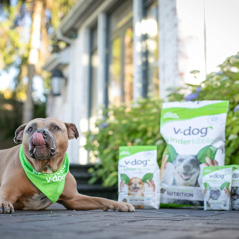 V-dog Kind Kibble made-in-USA packaging indicating US-made production.