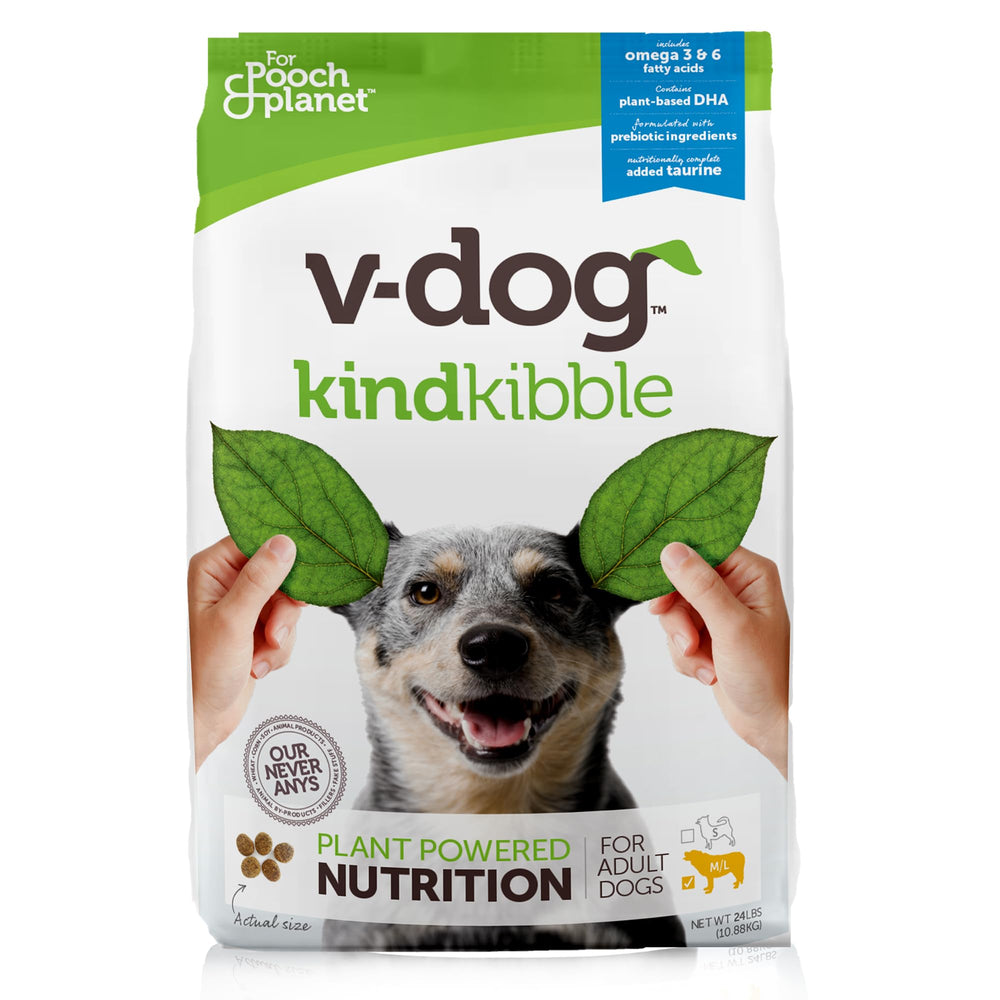 V-dog Kind Kibble packaging highlights plant-based nutrition for dogs.